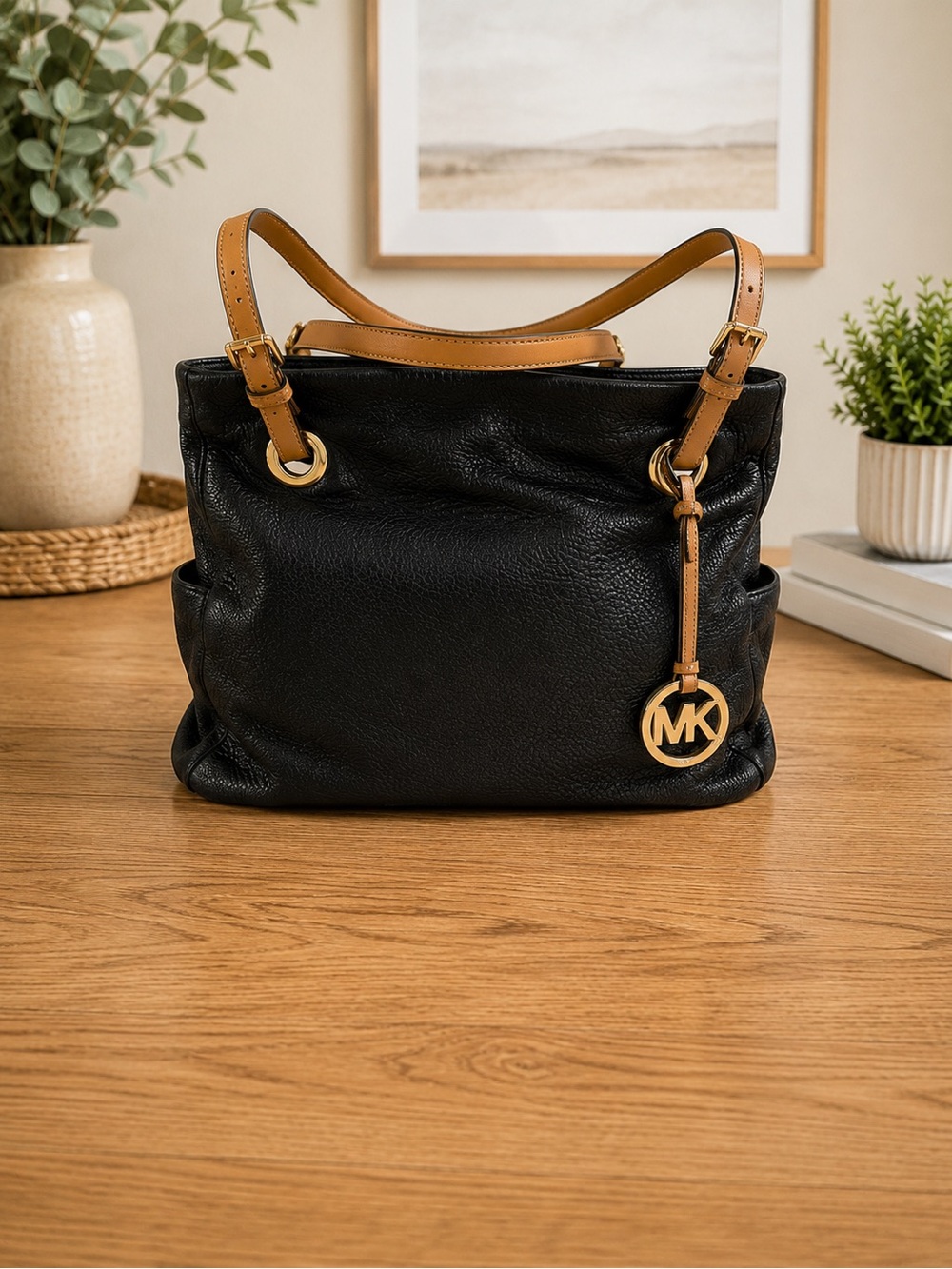 Michael Kors Leather Tote Bag | Black Pebbled Leather with Beige Straps